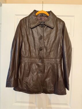 Women's Dark Brown Leather Button-Front Jacket - Timeless Tailored Style